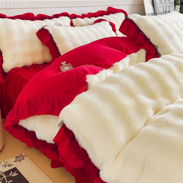 91家纺网 家纺一手货源 找家纺 睡美人 2025韩版兔兔绒牛奶绒床裙床单床笠款公主蕾丝四件套 兔兔绒-中国红