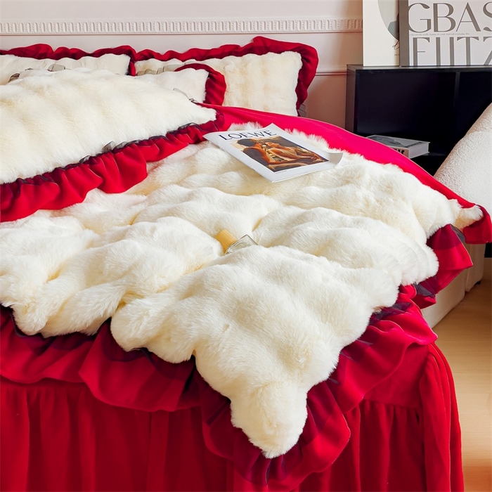 91家纺网 家纺一手货源 找家纺 睡美人 2025韩版兔兔绒牛奶绒床裙床单床笠款公主蕾丝四件套 兔兔绒-中国红