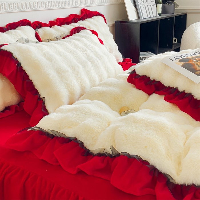 91家纺网 家纺一手货源 找家纺 睡美人 2025韩版兔兔绒牛奶绒床裙床单床笠款公主蕾丝四件套 兔兔绒-中国红