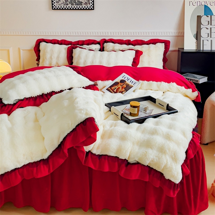 91家纺网 家纺一手货源 找家纺 睡美人 2025韩版兔兔绒牛奶绒床裙床单床笠款公主蕾丝四件套 兔兔绒-中国红