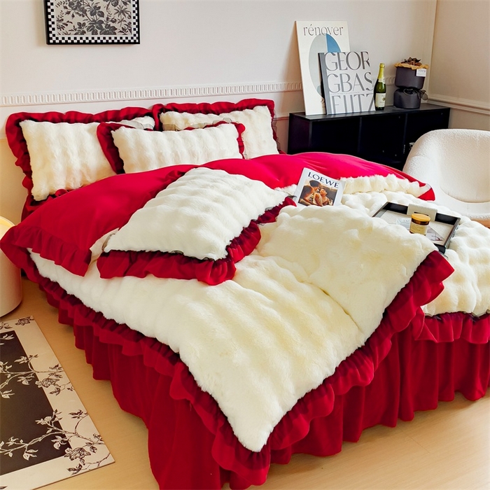 91家纺网 家纺一手货源 找家纺 睡美人 2025韩版兔兔绒牛奶绒床裙床单床笠款公主蕾丝四件套 兔兔绒-中国红
