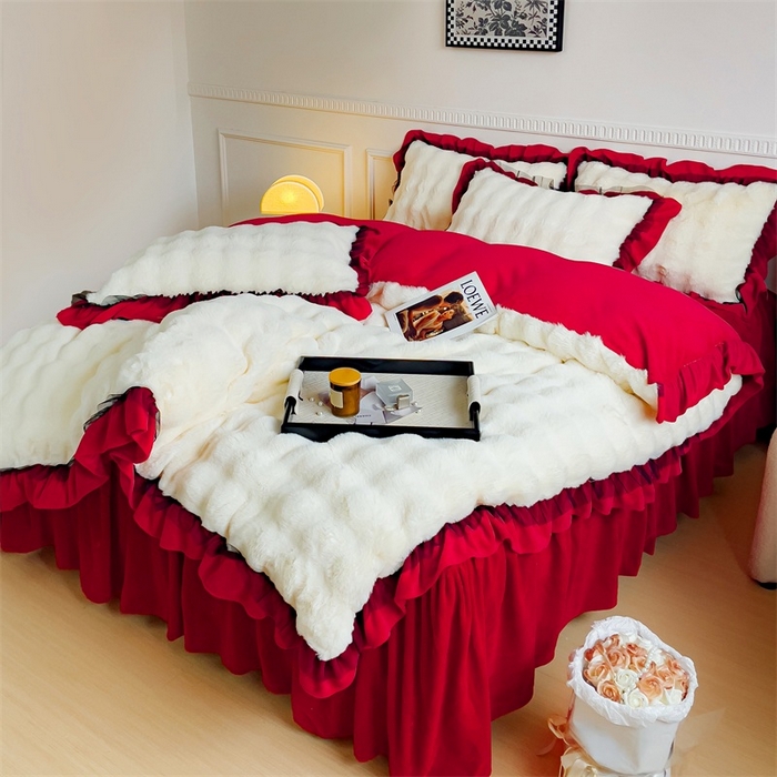 91家纺网 家纺一手货源 找家纺 睡美人 2025韩版兔兔绒牛奶绒床裙床单床笠款公主蕾丝四件套 兔兔绒-中国红