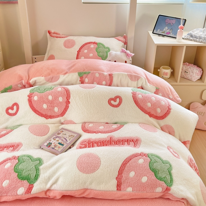 91家纺网 家纺一手货源 找家纺 川悦生活 2025新款立体雪花绒印花四件套学生床系列一场景一 啵啵草莓