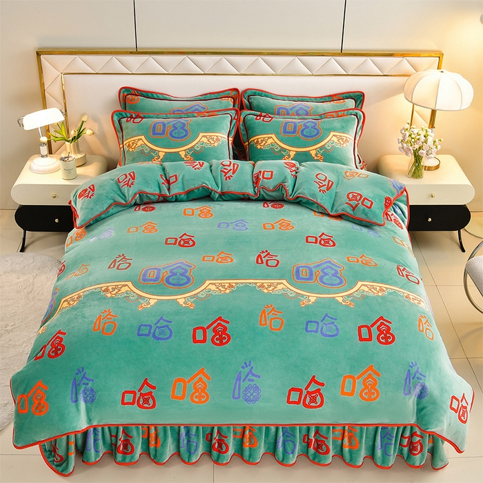 91家纺网 家纺一手货源 找家纺 馨梦缘 2025直播爆款8.5斤牛奶绒四件套加厚保暖床裙金貂绒 笑口常开 绿