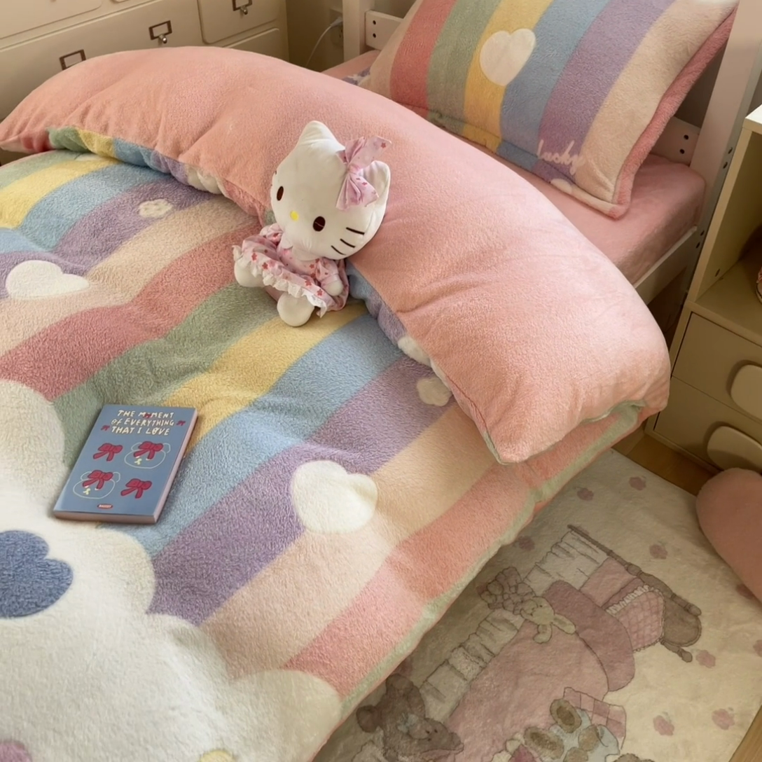 91家纺网 家纺一手货源 找家纺 川悦生活 2025新款立体雪花绒印花四件套学生床系列一场景一 彩虹爱心粉