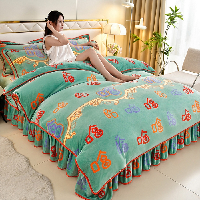 91家纺网 家纺一手货源 找家纺 馨梦缘 2025直播爆款8.5斤牛奶绒四件套加厚保暖床裙金貂绒 笑口常开 绿