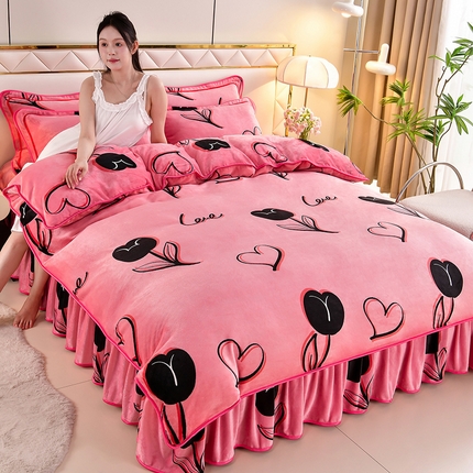 馨梦缘 2025直播爆款8.5斤牛奶绒四件套加厚保暖床裙金貂绒 爱心暖暖