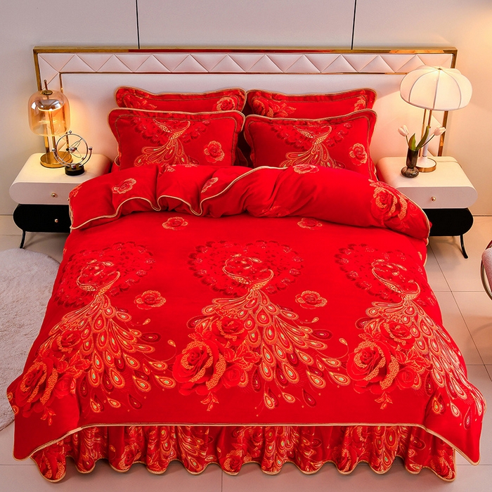 91家纺网 家纺一手货源 找家纺 馨梦缘 2025直播爆款8.5斤牛奶绒四件套加厚保暖床裙金貂绒 喜结良缘