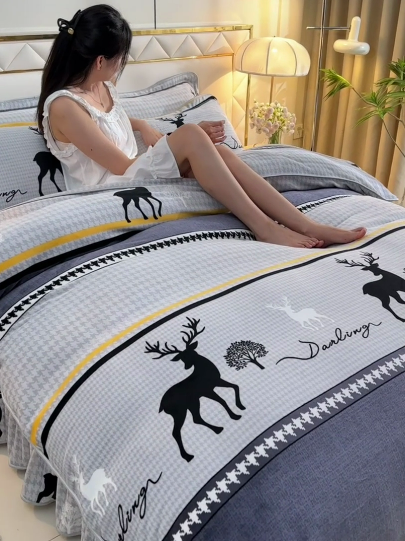 91家纺网 家纺一手货源 找家纺  馨梦缘 2025直播爆款8.5斤牛奶绒四件套加厚保暖床裙金貂绒 发财树