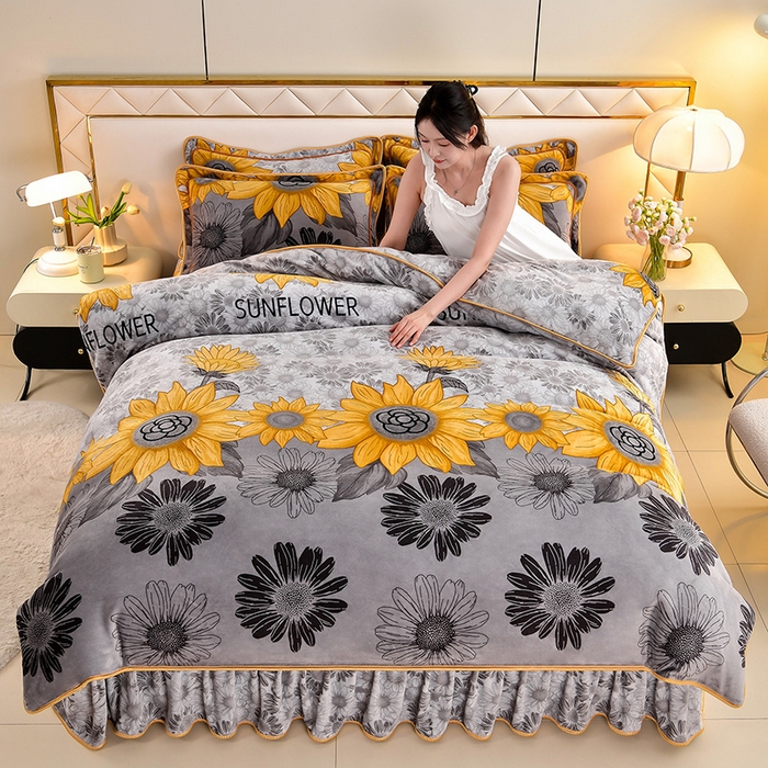 91家纺网 家纺一手货源 找家纺 馨梦缘 2025直播爆款8.5斤牛奶绒四件套加厚保暖床裙金貂绒 向日葵