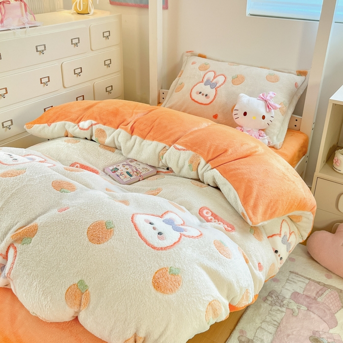 91家纺网 家纺一手货源 找家纺 川悦生活 2025新款立体雪花绒印花四件套学生床系列一场景一 橘兔