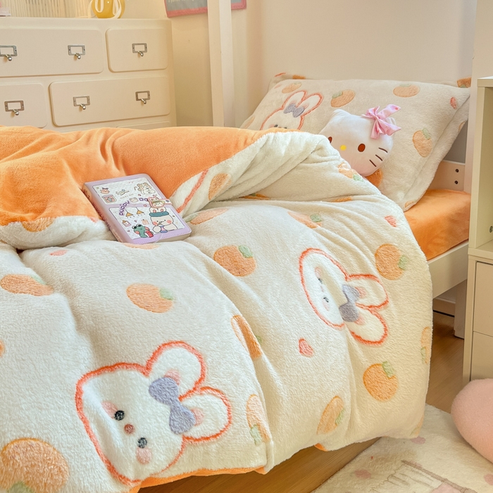 91家纺网 家纺一手货源 找家纺 川悦生活 2025新款立体雪花绒印花四件套学生床系列一场景一 橘兔