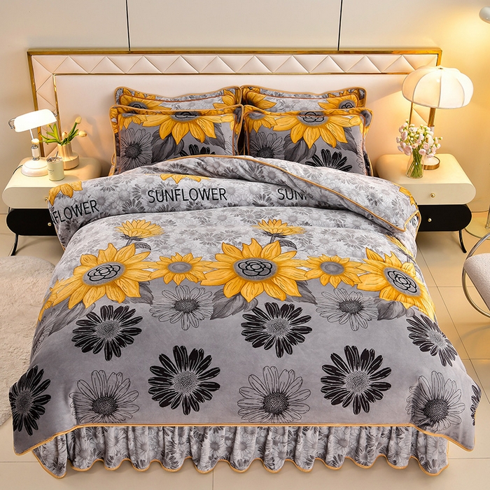 91家纺网 家纺一手货源 找家纺 馨梦缘 2025直播爆款8.5斤牛奶绒四件套加厚保暖床裙金貂绒 向日葵