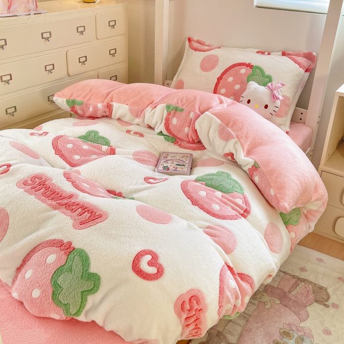 91家纺网 家纺一手货源 找家纺 川悦生活 2025新款立体雪花绒印花四件套学生床系列一场景一 啵啵草莓