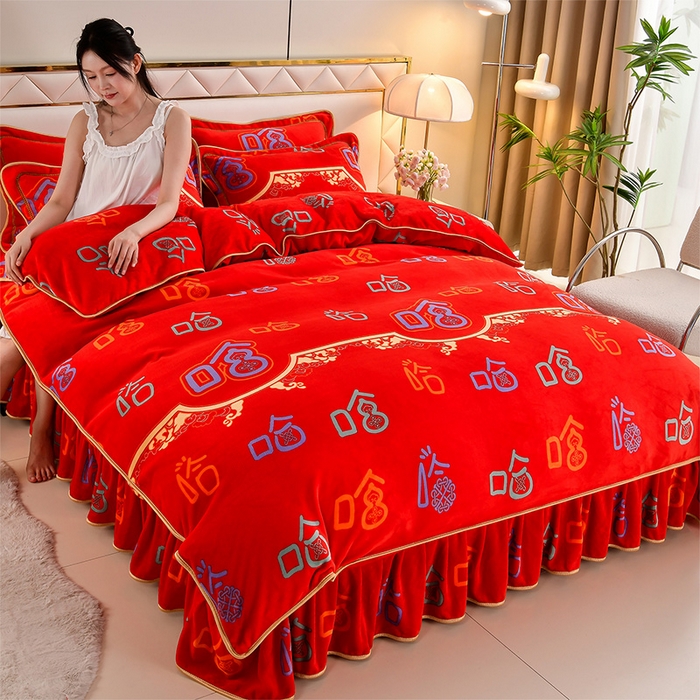 91家纺网 家纺一手货源 找家纺 馨梦缘 2025直播爆款8.5斤牛奶绒四件套加厚保暖床裙金貂绒 笑口常开 大红