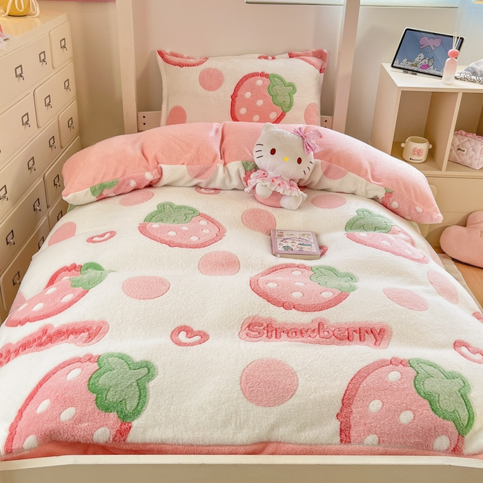 91家纺网 家纺一手货源 找家纺 川悦生活 2025新款立体雪花绒印花四件套学生床系列一场景一 啵啵草莓