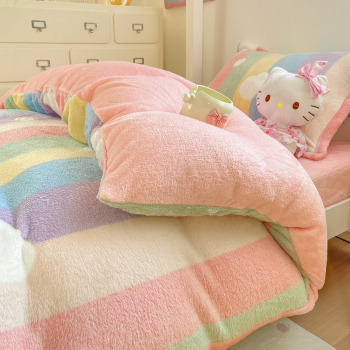 91家纺网 家纺一手货源 找家纺 川悦生活 2025新款立体雪花绒印花四件套学生床系列一场景一 彩虹爱心粉