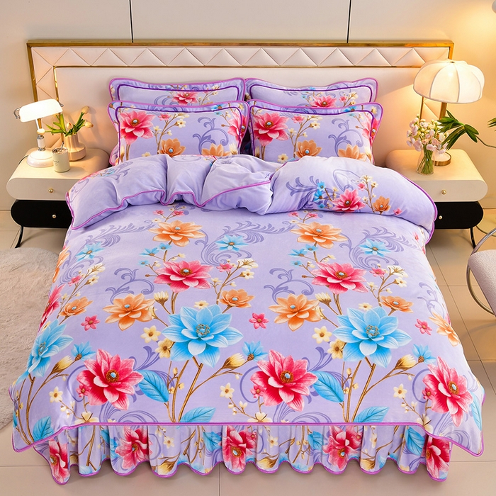 91家纺网 家纺一手货源 找家纺 馨梦缘 2025直播爆款8.5斤牛奶绒四件套加厚保暖床裙金貂绒 陌上花开