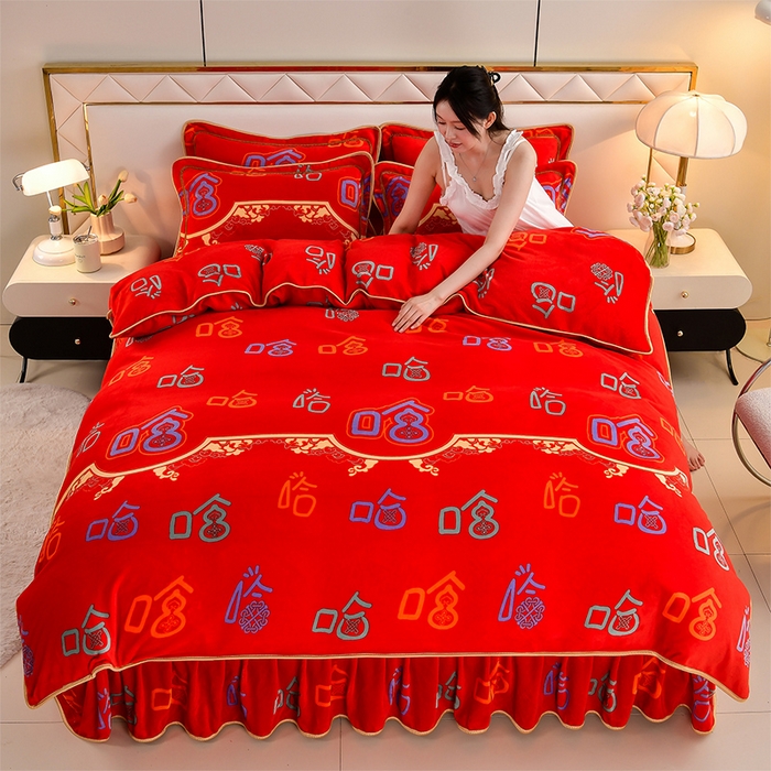 91家纺网 家纺一手货源 找家纺 馨梦缘 2025直播爆款8.5斤牛奶绒四件套加厚保暖床裙金貂绒 笑口常开 大红