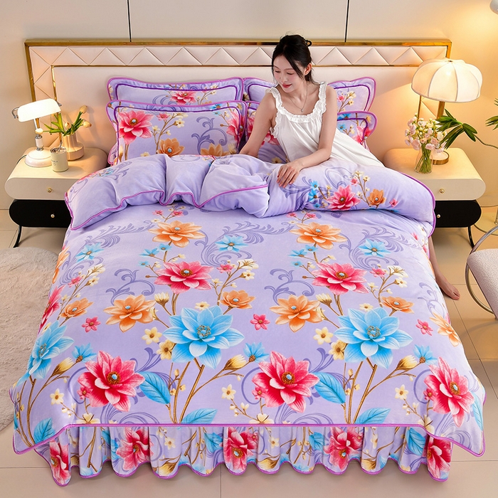 91家纺网 家纺一手货源 找家纺 馨梦缘 2025直播爆款8.5斤牛奶绒四件套加厚保暖床裙金貂绒 陌上花开