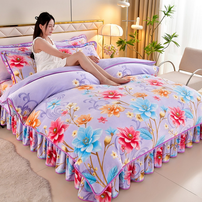 91家纺网 家纺一手货源 找家纺 馨梦缘 2025直播爆款8.5斤牛奶绒四件套加厚保暖床裙金貂绒 陌上花开