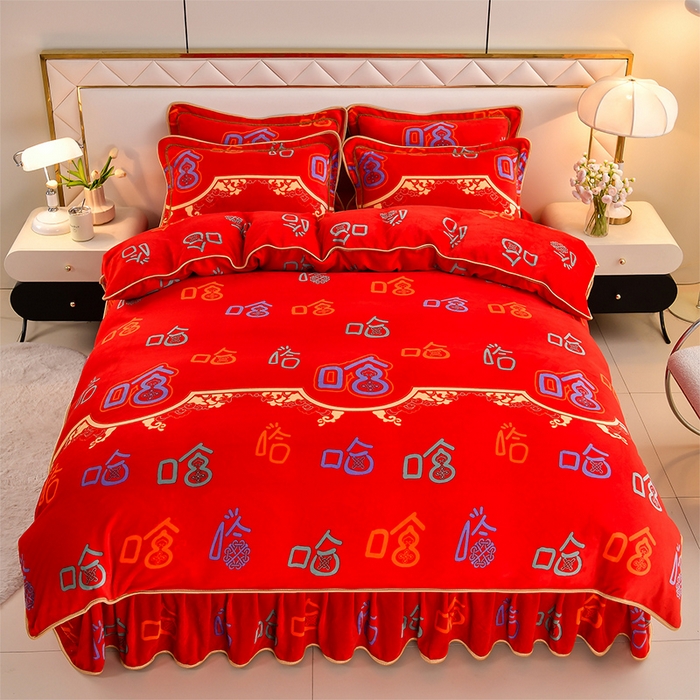 91家纺网 家纺一手货源 找家纺 馨梦缘 2025直播爆款8.5斤牛奶绒四件套加厚保暖床裙金貂绒 笑口常开 大红