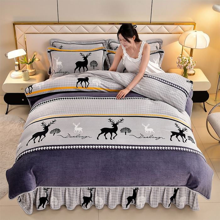 91家纺网 家纺一手货源 找家纺  馨梦缘 2025直播爆款8.5斤牛奶绒四件套加厚保暖床裙金貂绒 发财树