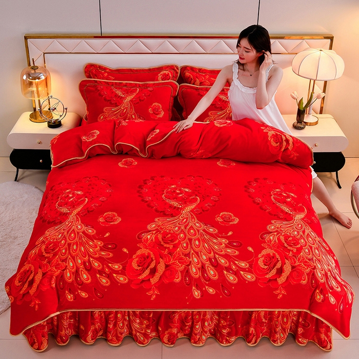 91家纺网 家纺一手货源 找家纺 馨梦缘 2025直播爆款8.5斤牛奶绒四件套加厚保暖床裙金貂绒 喜结良缘