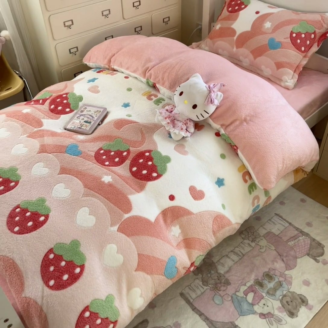 91家纺网 家纺一手货源 找家纺 川悦生活 2025新款立体雪花绒印花四件套学生床系列一场景一 冰激凌小熊