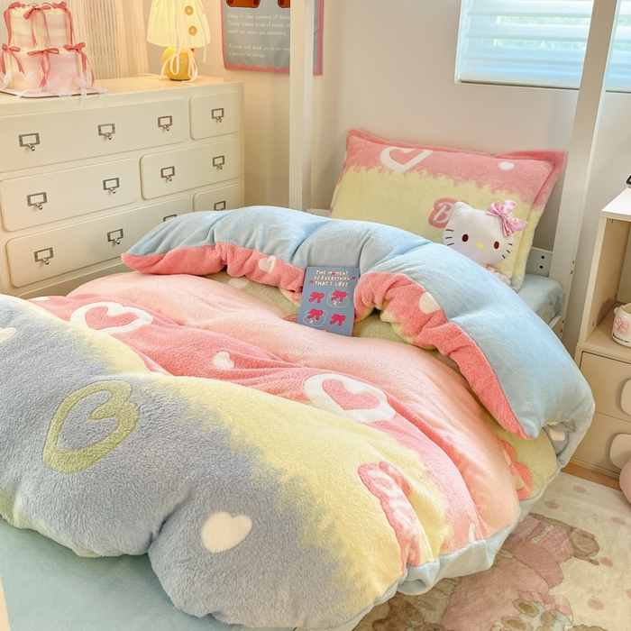 91家纺网 家纺一手货源 找家纺 川悦生活 2025新款立体雪花绒印花四件套学生床系列一场景一 彩虹爱语蓝