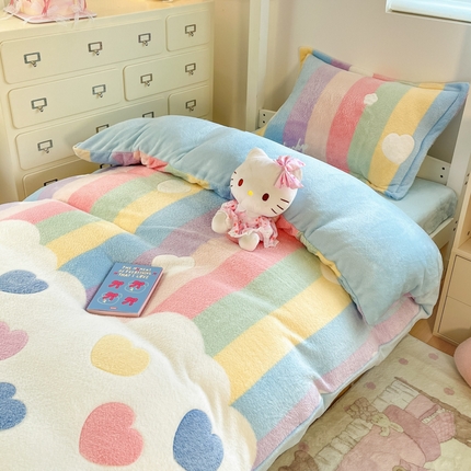 川悦生活 2025新款立体雪花绒印花四件套学生床系列一场景一 彩虹爱心蓝