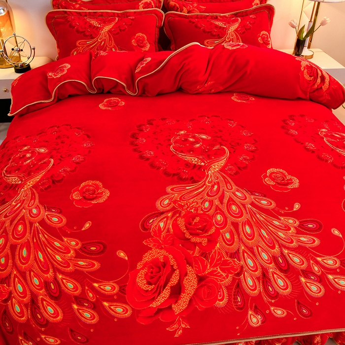 91家纺网 家纺一手货源 找家纺 馨梦缘 2025直播爆款8.5斤牛奶绒四件套加厚保暖床裙金貂绒 喜结良缘