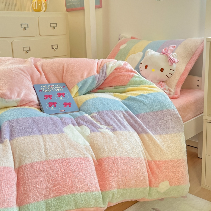 91家纺网 家纺一手货源 找家纺 川悦生活 2025新款立体雪花绒印花四件套学生床系列一场景一 彩虹爱心粉