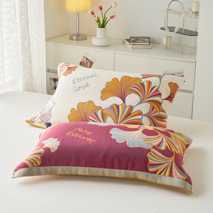 91家纺网 家纺一手货源 找家纺 棠薇家纺 2025新款八层枕巾加厚纱布枕巾花卉系列 银杏叶