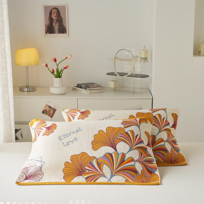 91家纺网 家纺一手货源 找家纺 棠薇家纺 2025新款八层枕巾加厚纱布枕巾花卉系列 银杏叶