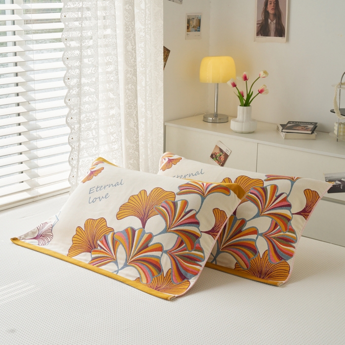 91家纺网 家纺一手货源 找家纺 棠薇家纺 2025新款八层枕巾加厚纱布枕巾花卉系列 银杏叶