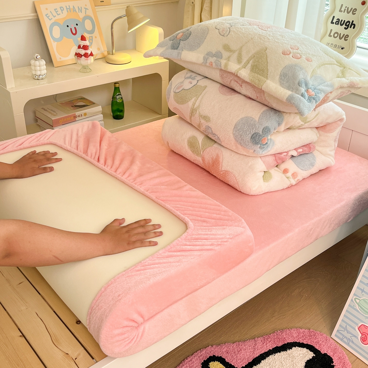 川悦生活 2025新款雪花绒宿舍床笠款三件套 半眠小兔