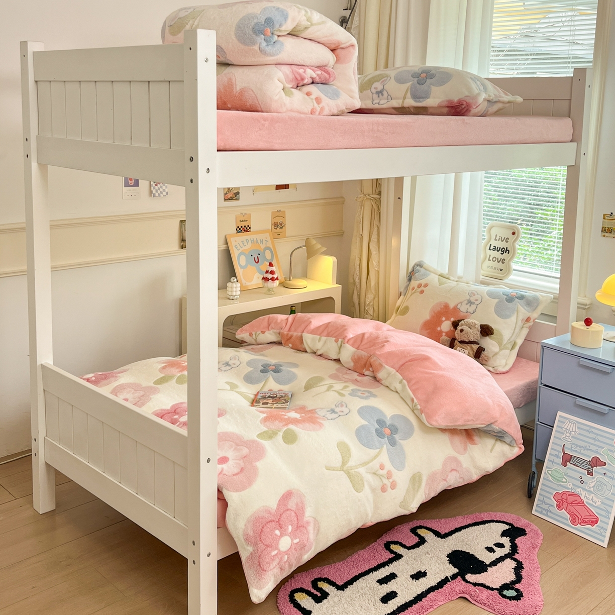 91家纺网 家纺一手货源 找家纺 川悦生活 2025新款雪花绒宿舍床笠款三件套 半眠小兔