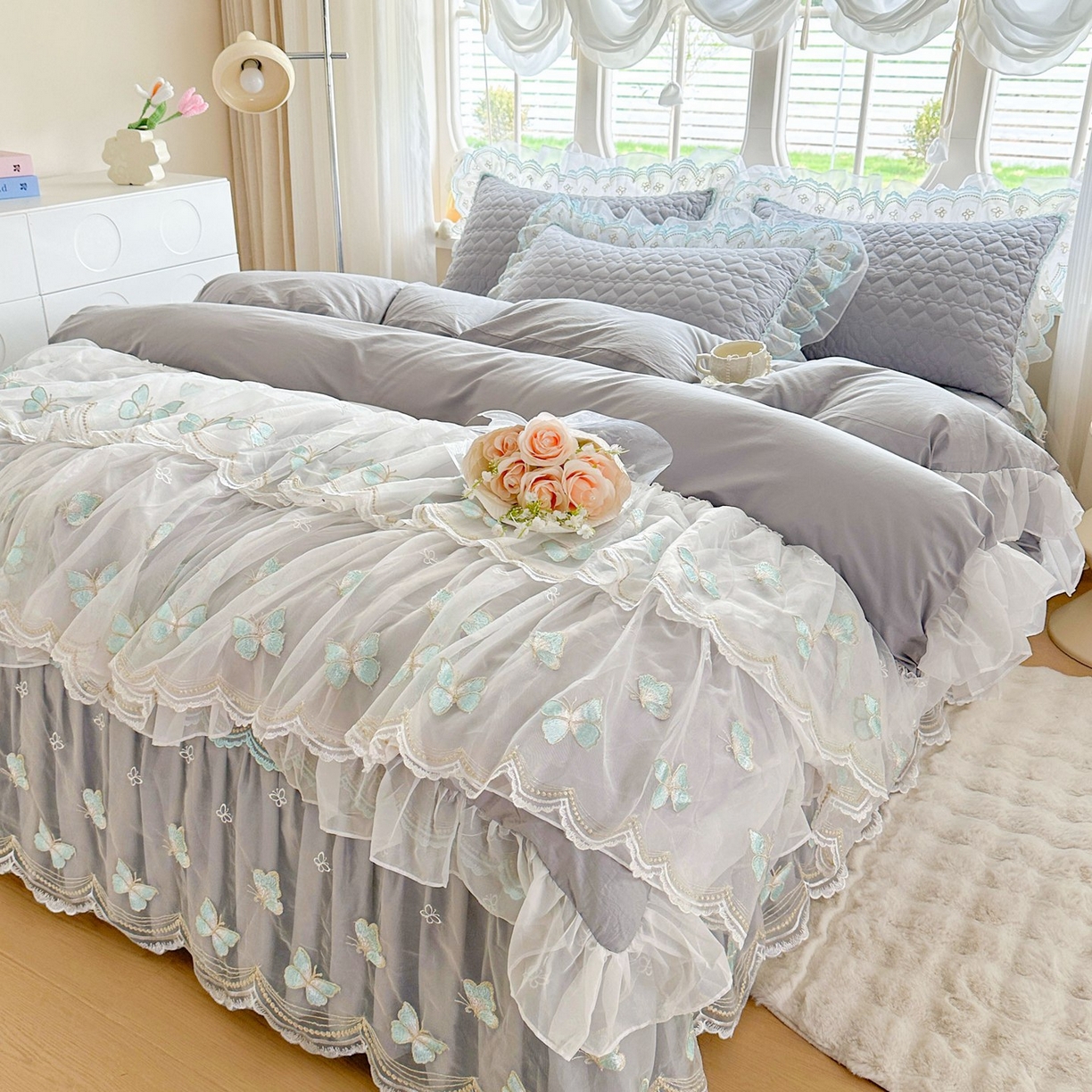 罗艺轩 2025新款全棉纯棉斜纹工艺床裙四件套 蓝蝴蝶-灰色