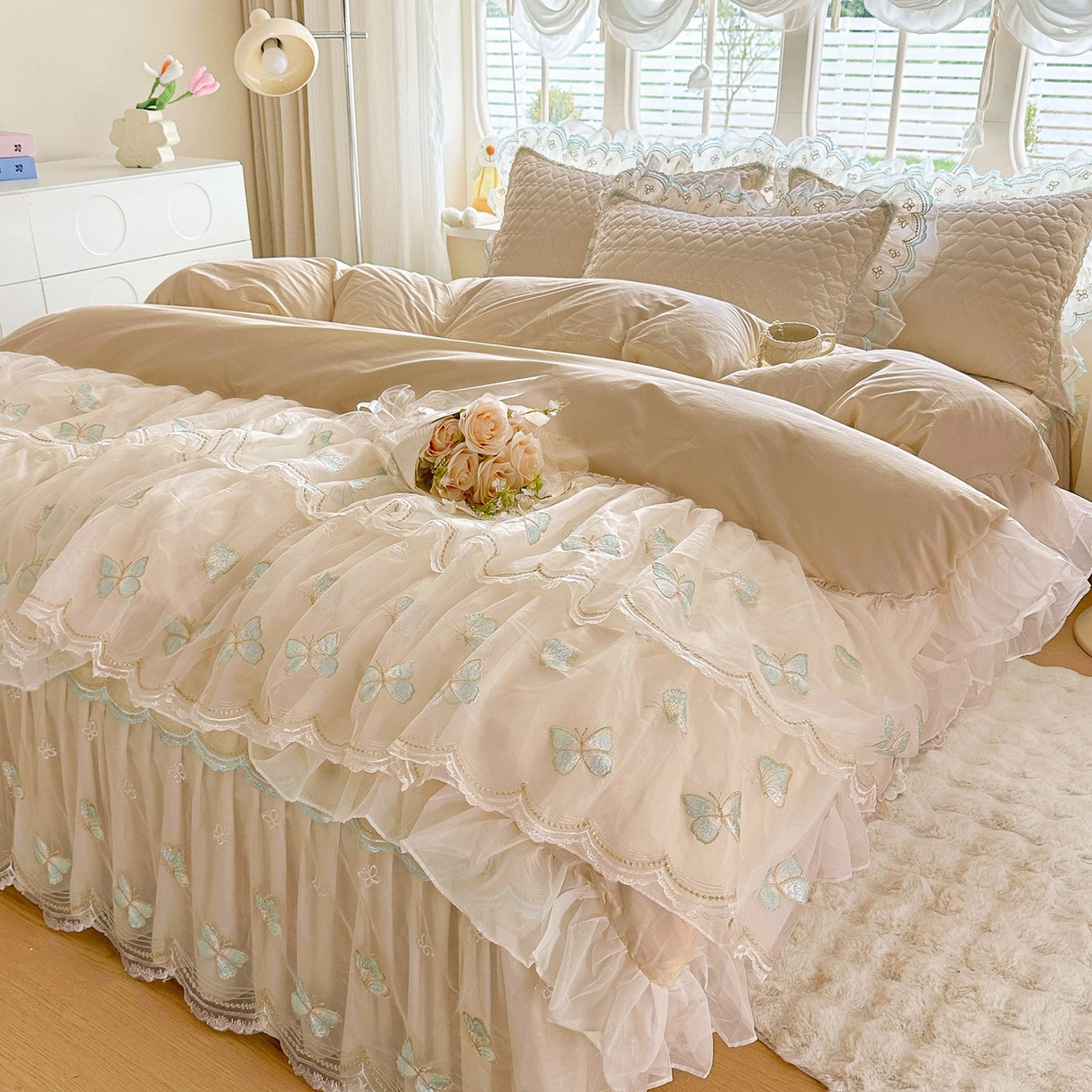 罗艺轩 2025新款全棉纯棉斜纹工艺床裙四件套 蓝蝴蝶-咖色