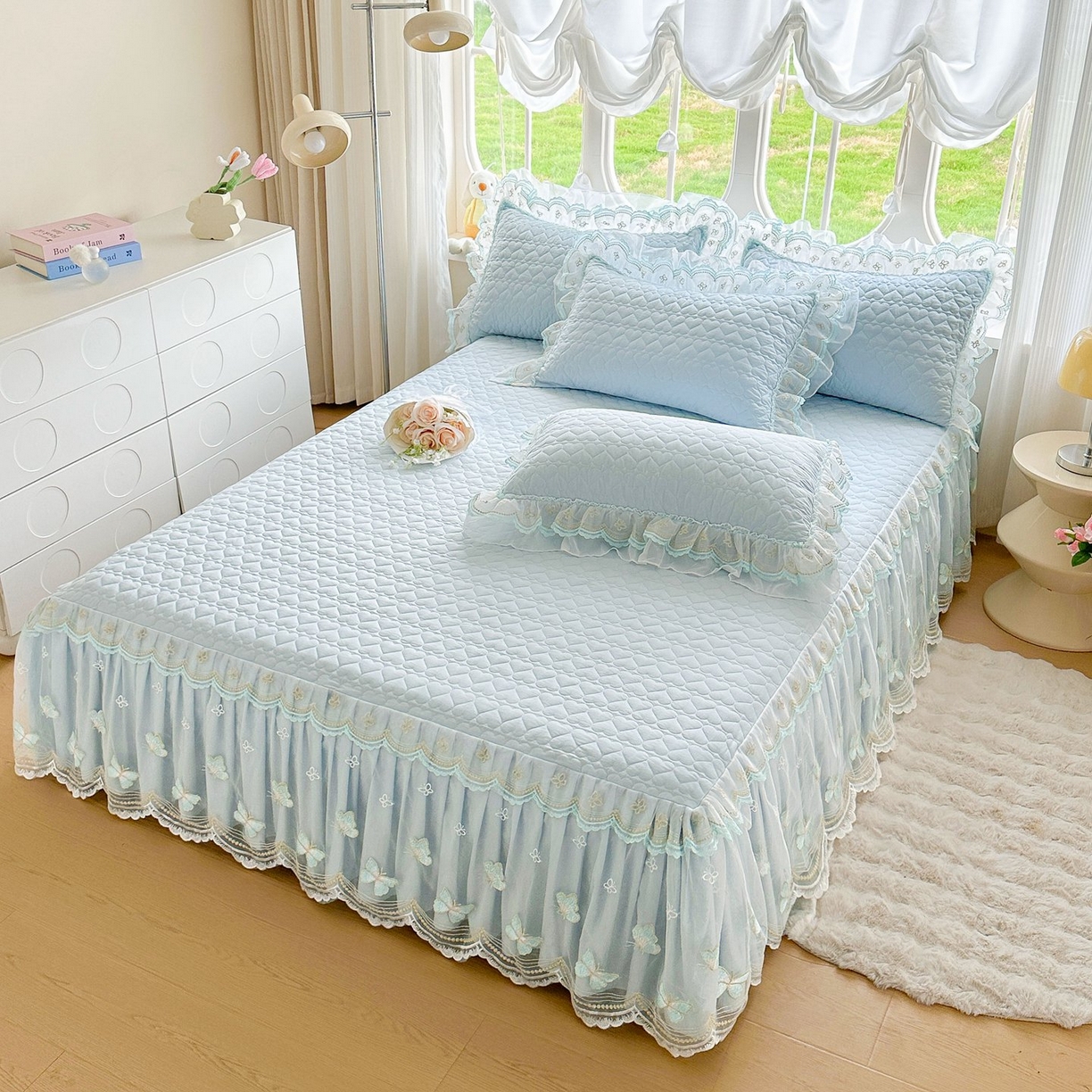 91家纺网 家纺一手货源 找家纺 罗艺轩 2025新款全棉纯棉斜纹工艺床裙四件套 蓝蝴蝶-蓝色