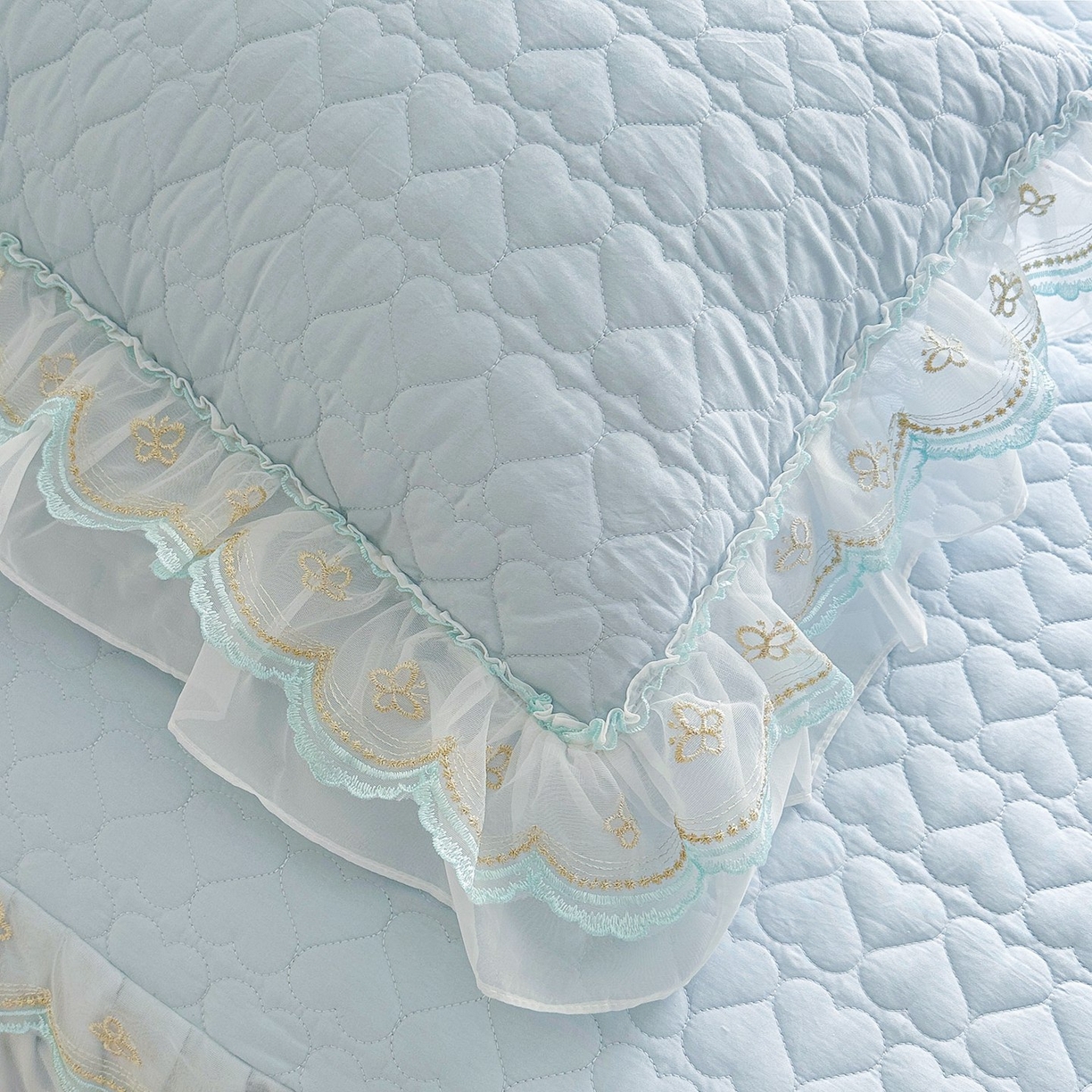 91家纺网 家纺一手货源 找家纺 罗艺轩 2025新款全棉纯棉斜纹工艺床裙四件套 蓝蝴蝶-蓝色