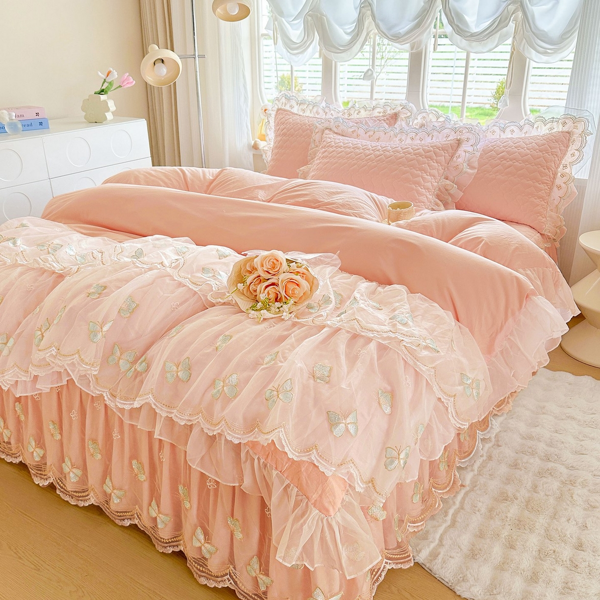 罗艺轩 2025新款全棉纯棉斜纹工艺床裙四件套 蓝蝴蝶-玉色