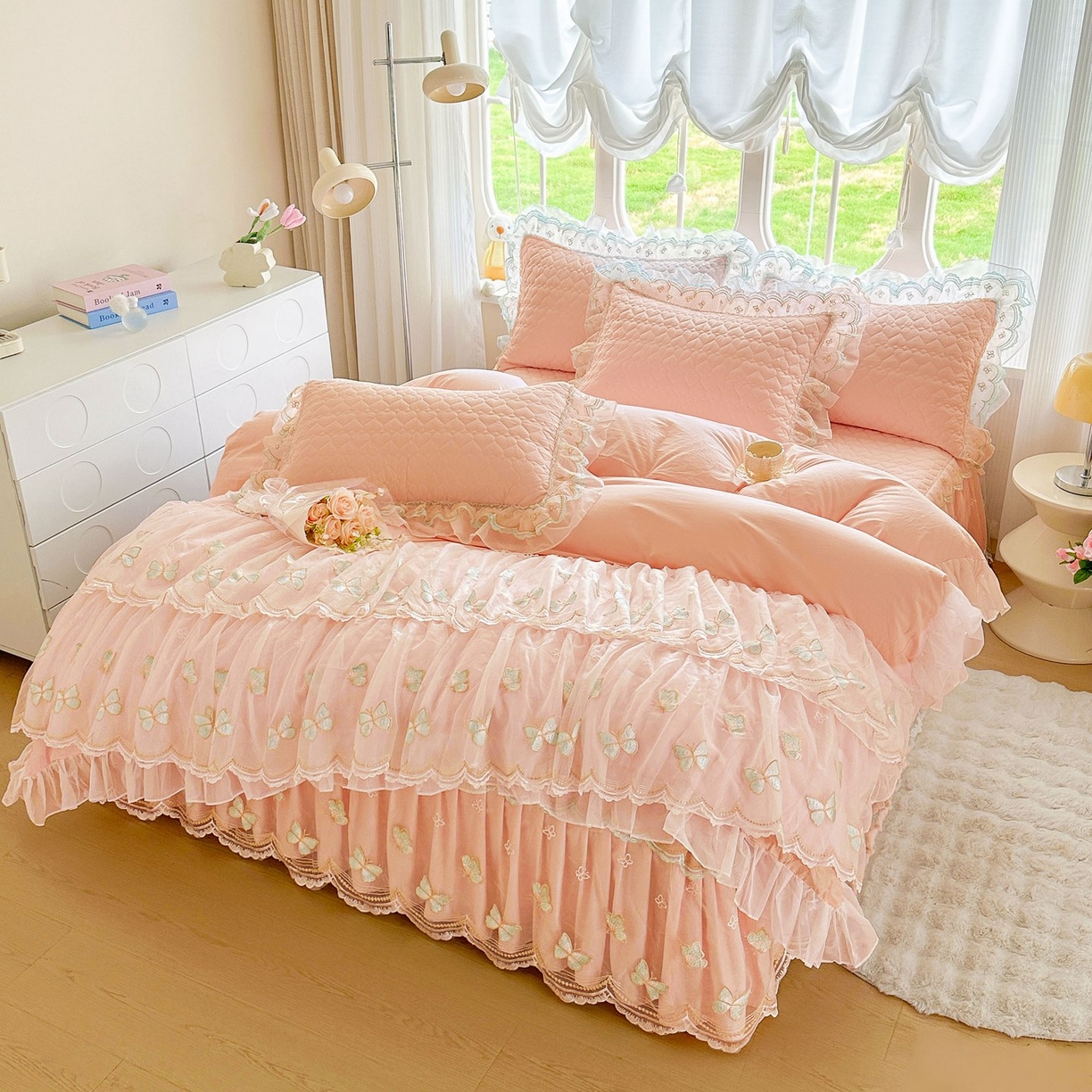 91家纺网 家纺一手货源 找家纺 罗艺轩 2025新款全棉纯棉斜纹工艺床裙四件套 蓝蝴蝶-玉色