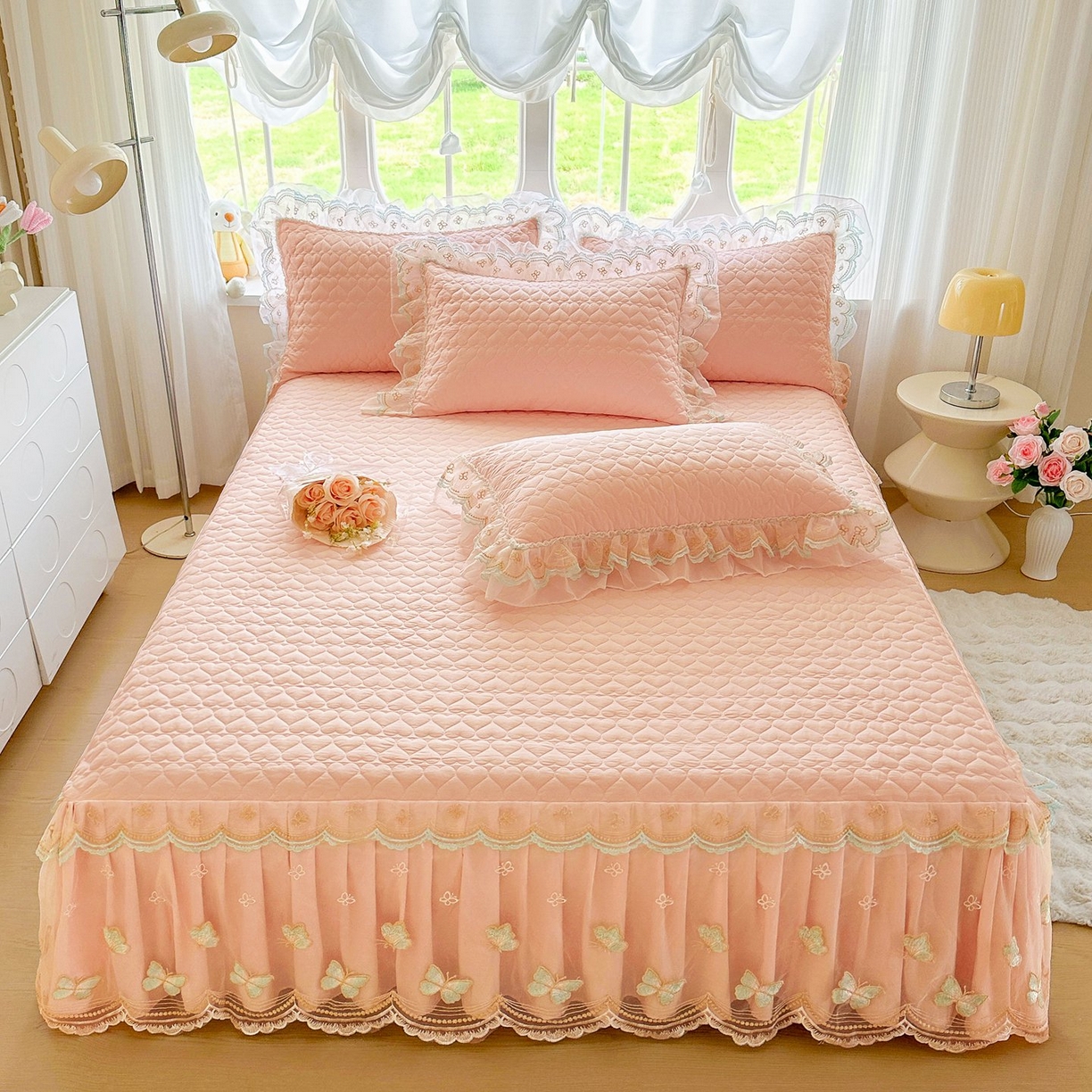 91家纺网 家纺一手货源 找家纺 罗艺轩 2025新款全棉纯棉斜纹工艺床裙四件套 蓝蝴蝶-玉色