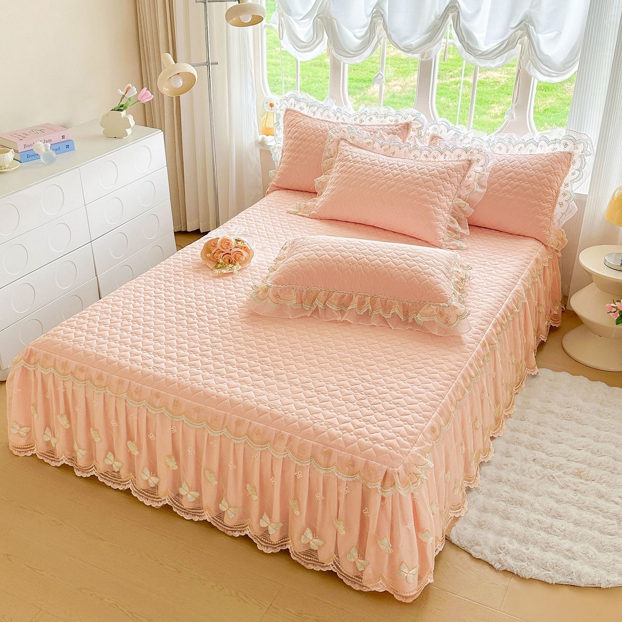 91家纺网 家纺一手货源 找家纺 罗艺轩 2025新款全棉纯棉斜纹工艺床裙四件套 蓝蝴蝶-玉色