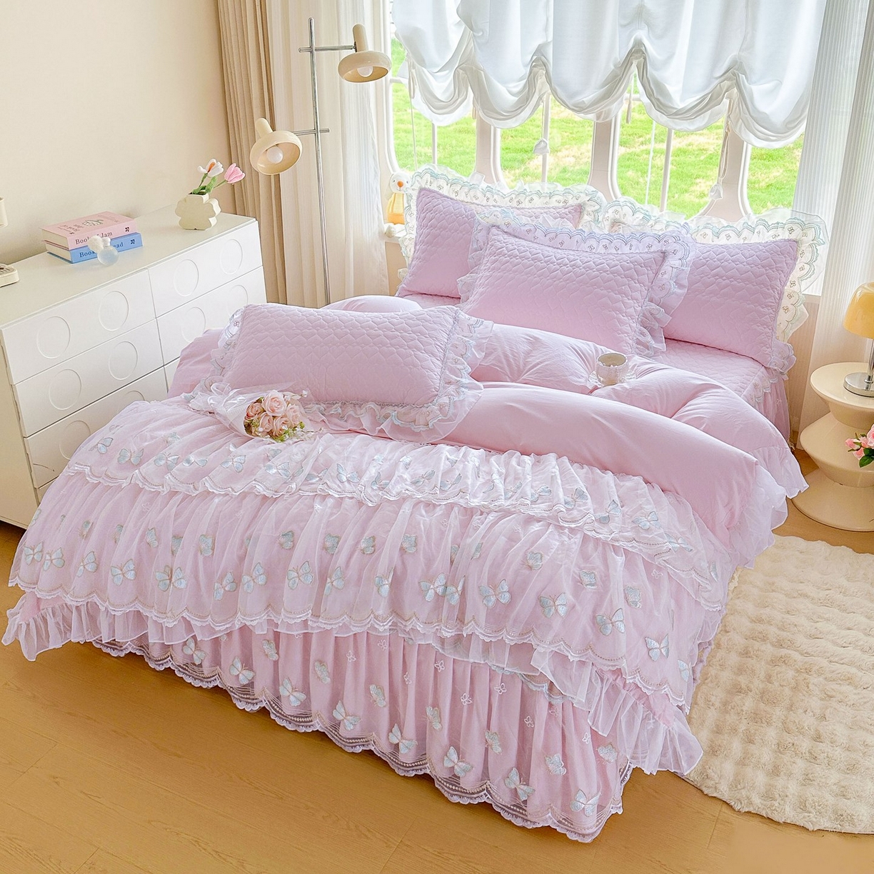 91家纺网 家纺一手货源 找家纺 罗艺轩 2025新款全棉纯棉斜纹工艺床裙四件套 蓝蝴蝶-紫色