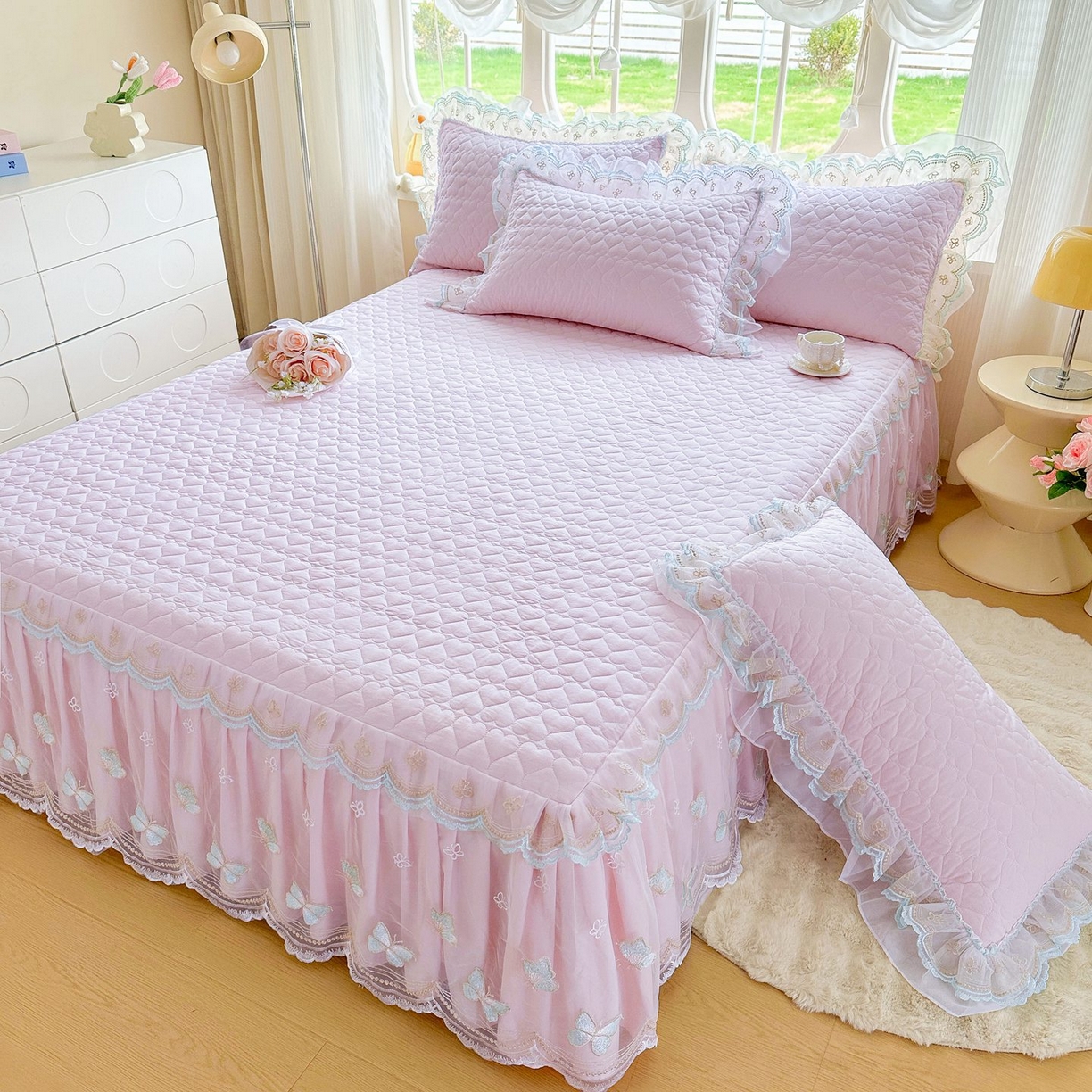 91家纺网 家纺一手货源 找家纺 罗艺轩 2025新款全棉纯棉斜纹工艺床裙四件套 蓝蝴蝶-紫色