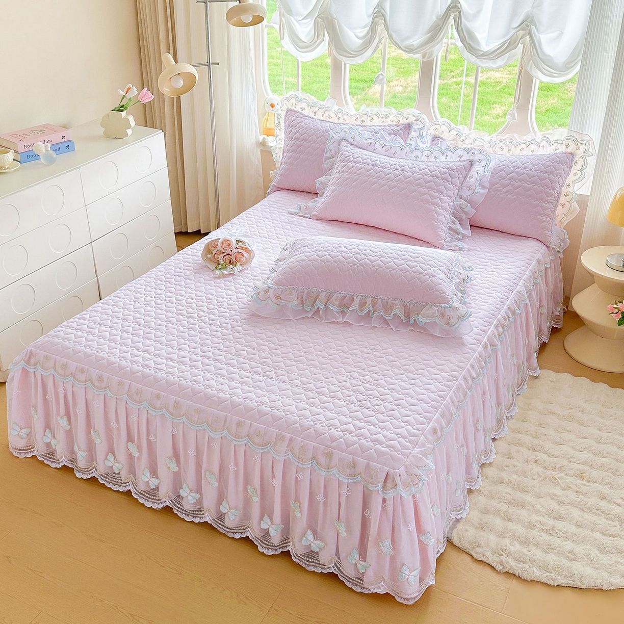 91家纺网 家纺一手货源 找家纺 罗艺轩 2025新款全棉纯棉斜纹工艺床裙四件套 蓝蝴蝶-紫色