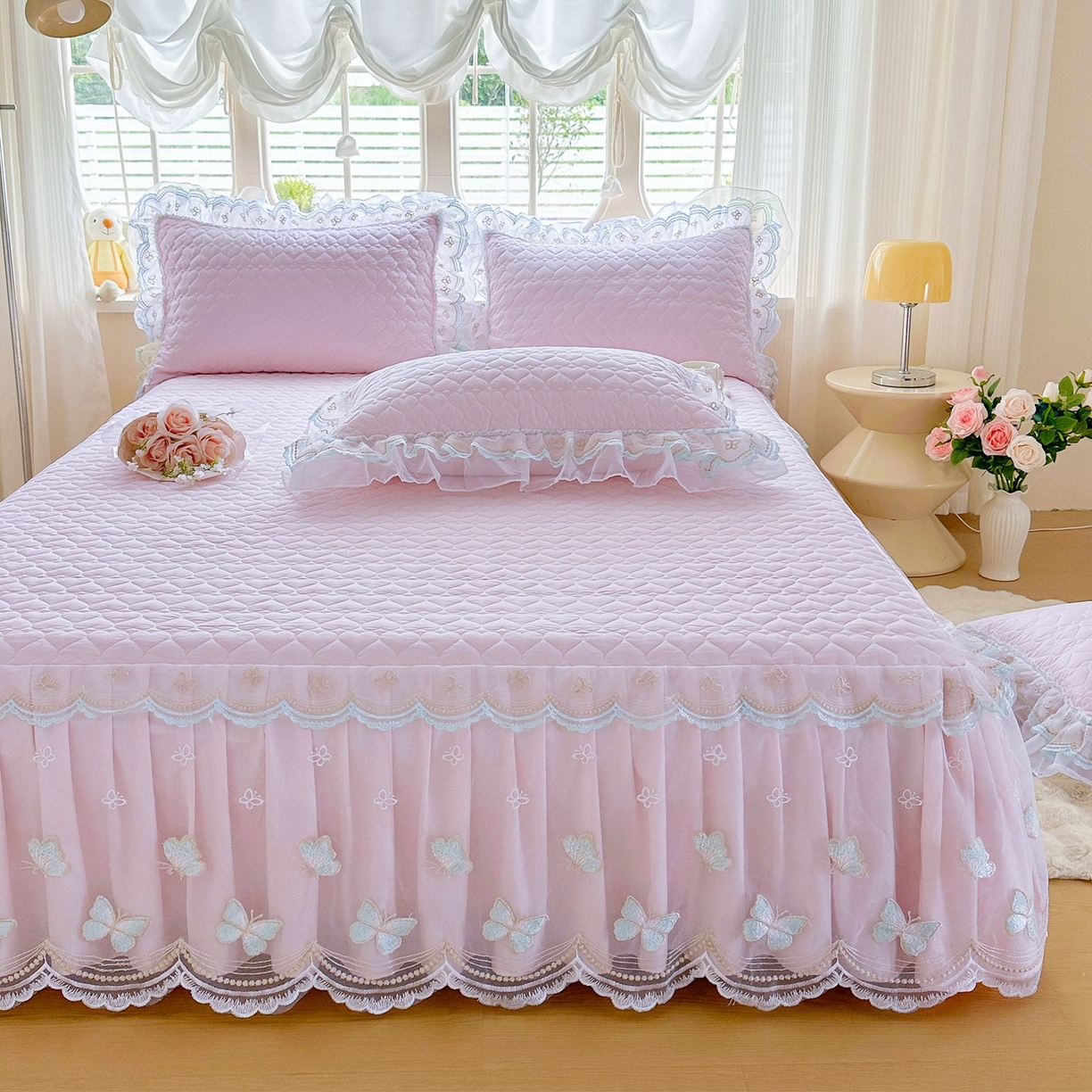 91家纺网 家纺一手货源 找家纺 罗艺轩 2025新款全棉纯棉斜纹工艺床裙四件套 蓝蝴蝶-紫色